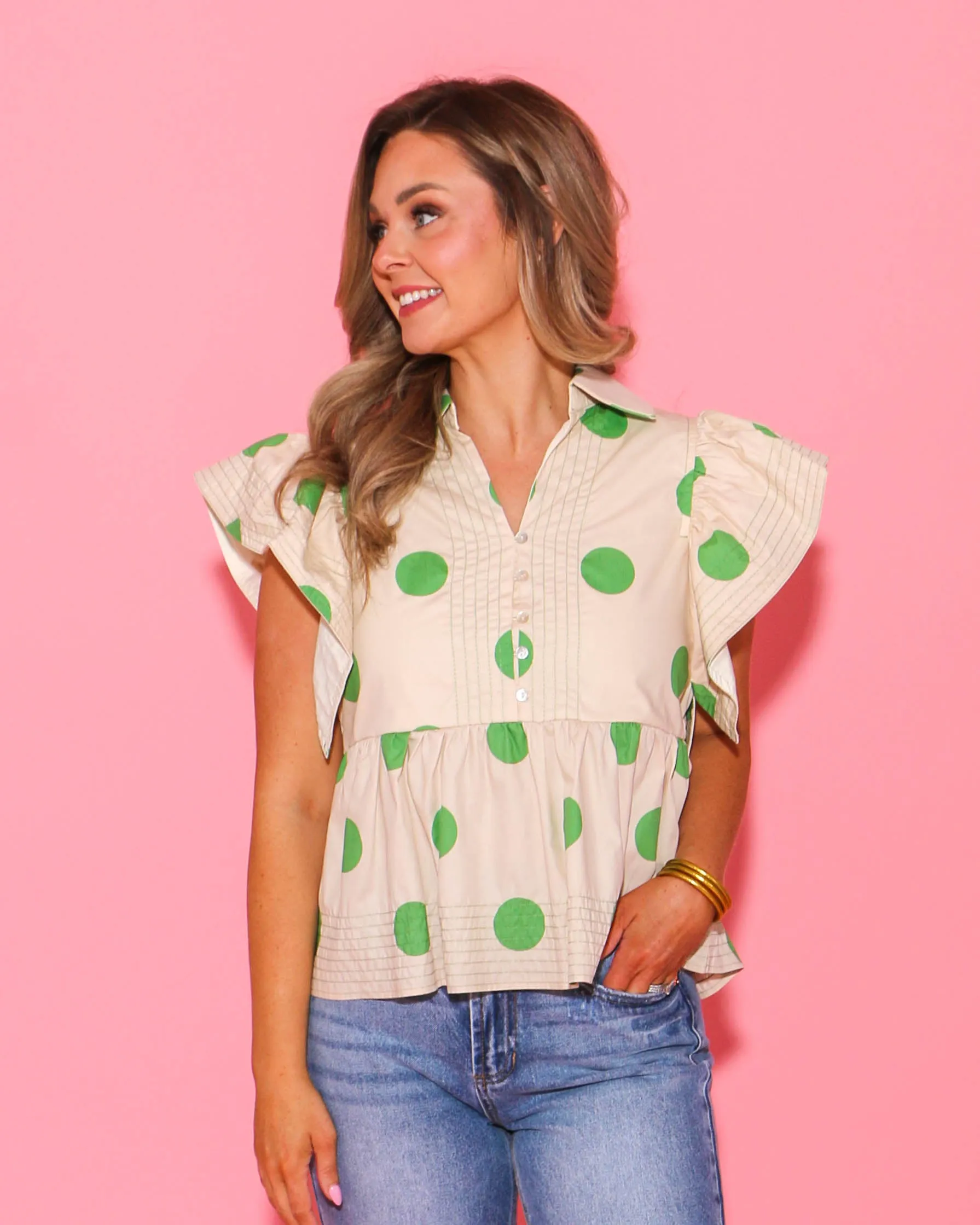 Polka Dot Ruffle Shoulder Babydoll Top