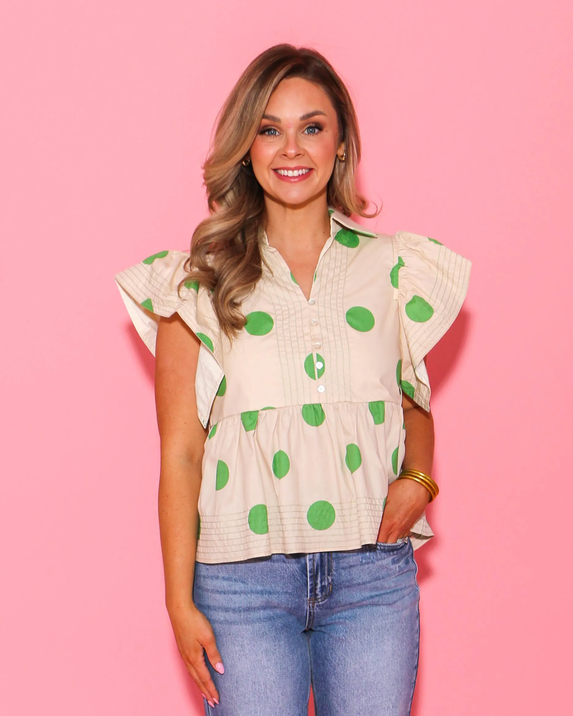 Polka Dot Ruffle Shoulder Babydoll Top
