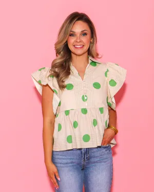Polka Dot Ruffle Shoulder Babydoll Top