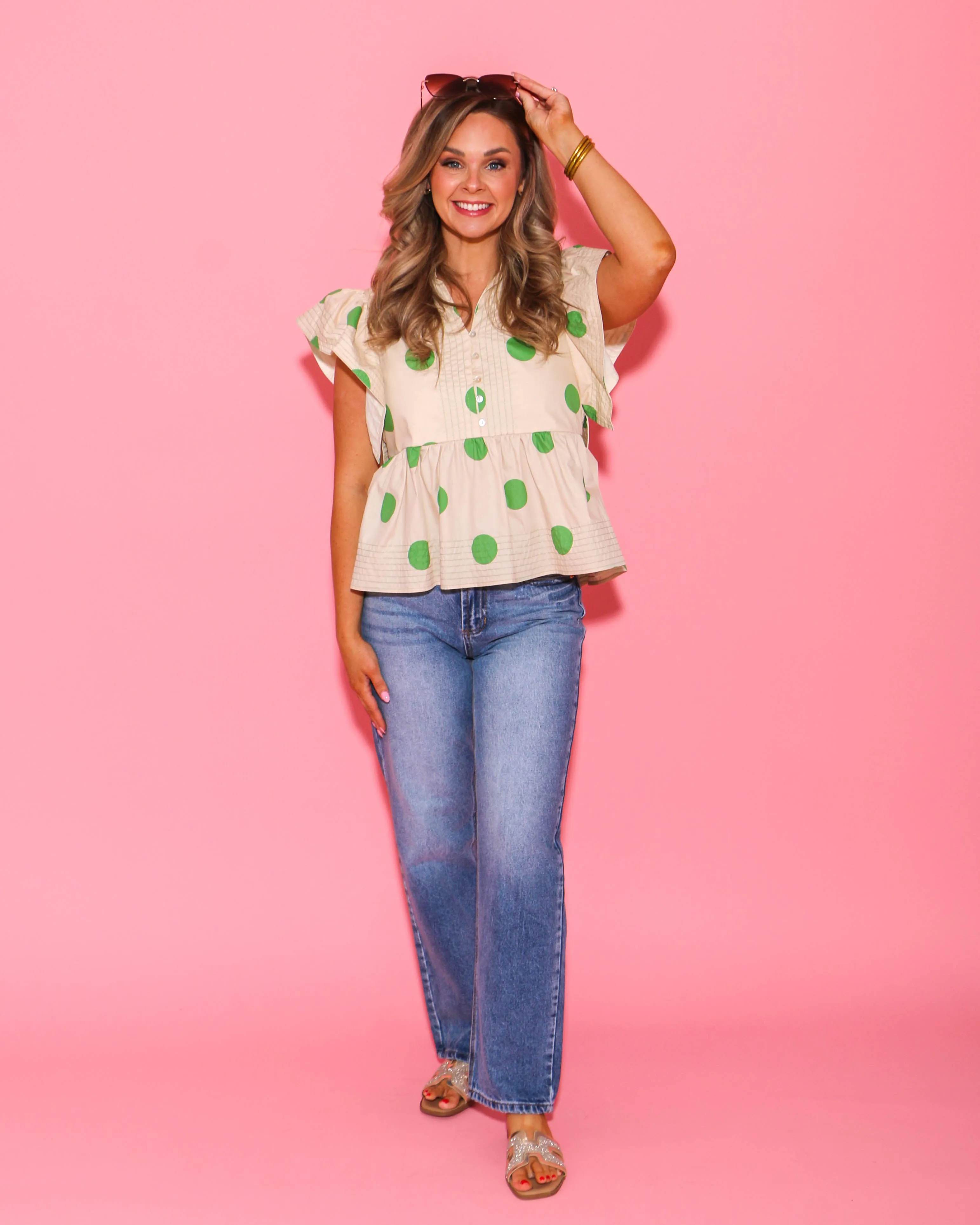 Polka Dot Ruffle Shoulder Babydoll Top