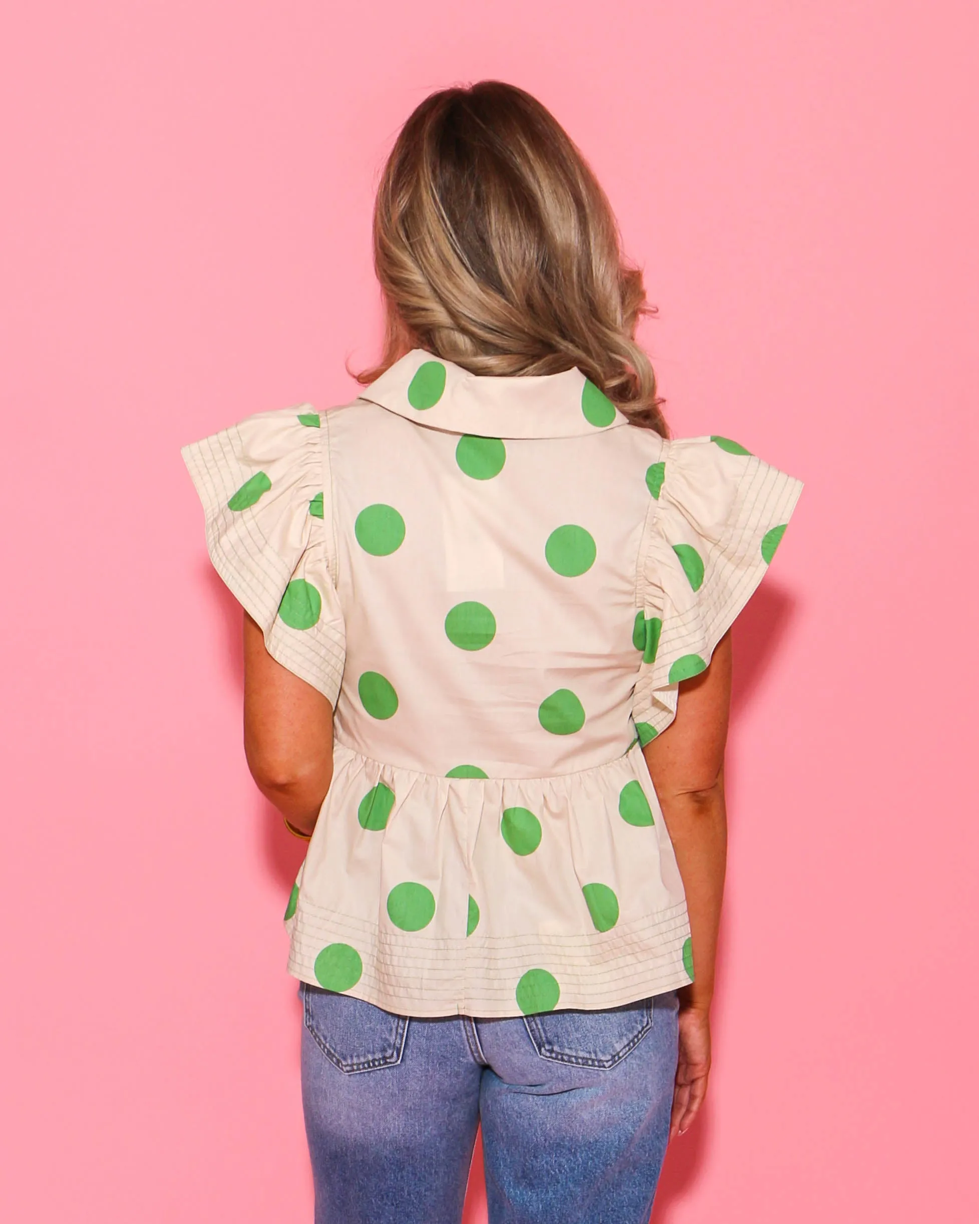 Polka Dot Ruffle Shoulder Babydoll Top
