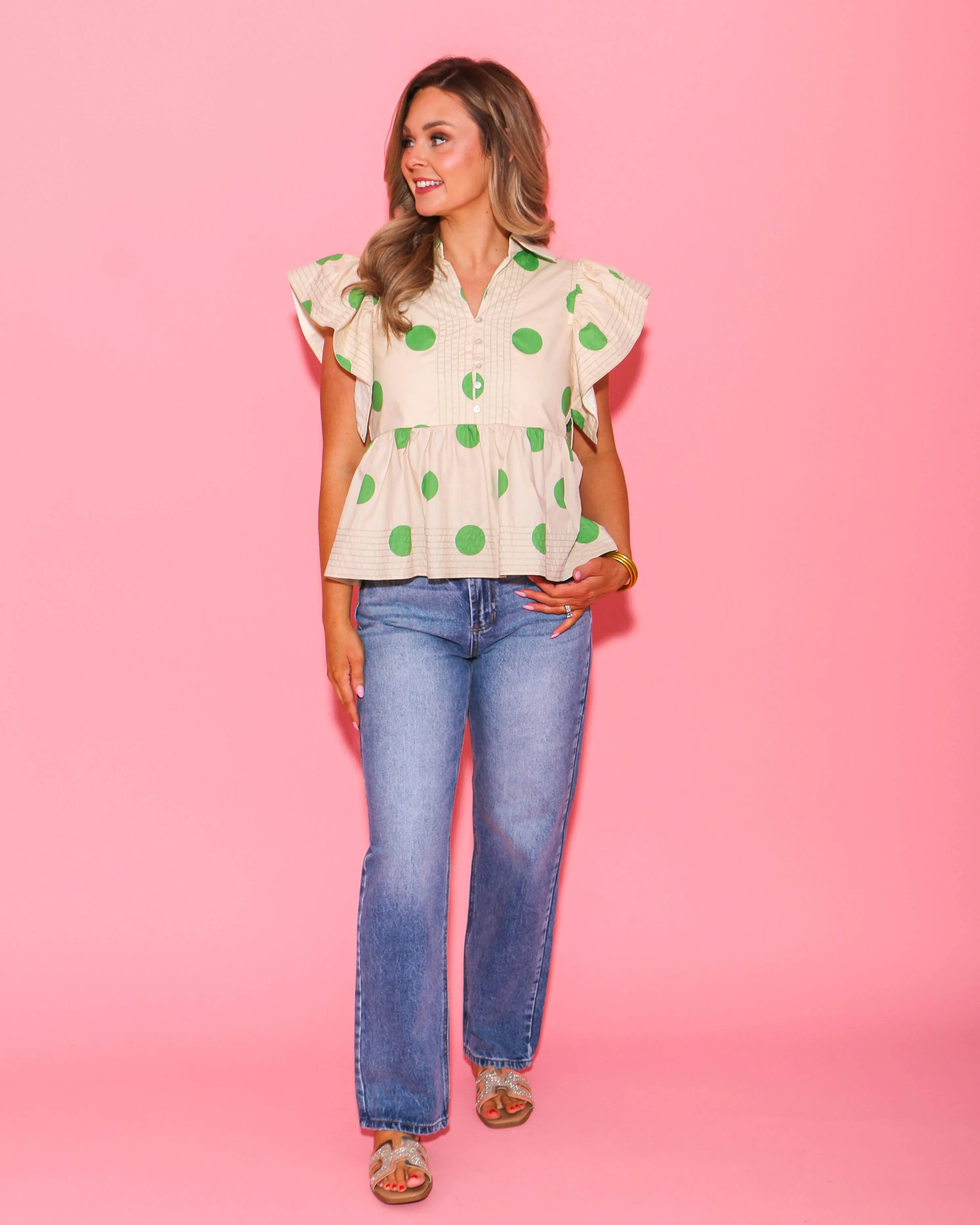 Polka Dot Ruffle Shoulder Babydoll Top