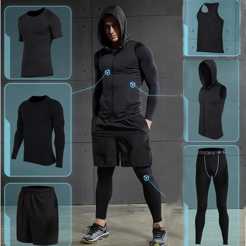 Quick Dry Men's Running Sets 6pieces/sets Compression Sports Suits Basketball Tights Clothes Gym Fitness Jogging Sportswear