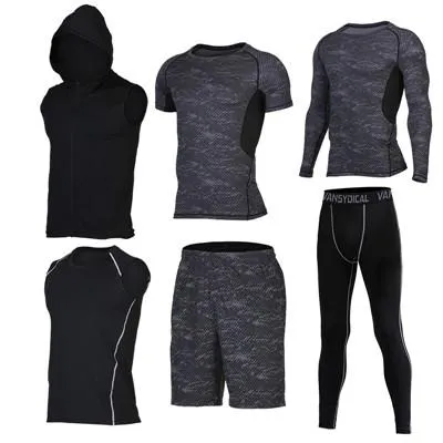 Quick Dry Men's Running Sets 6pieces/sets Compression Sports Suits Basketball Tights Clothes Gym Fitness Jogging Sportswear