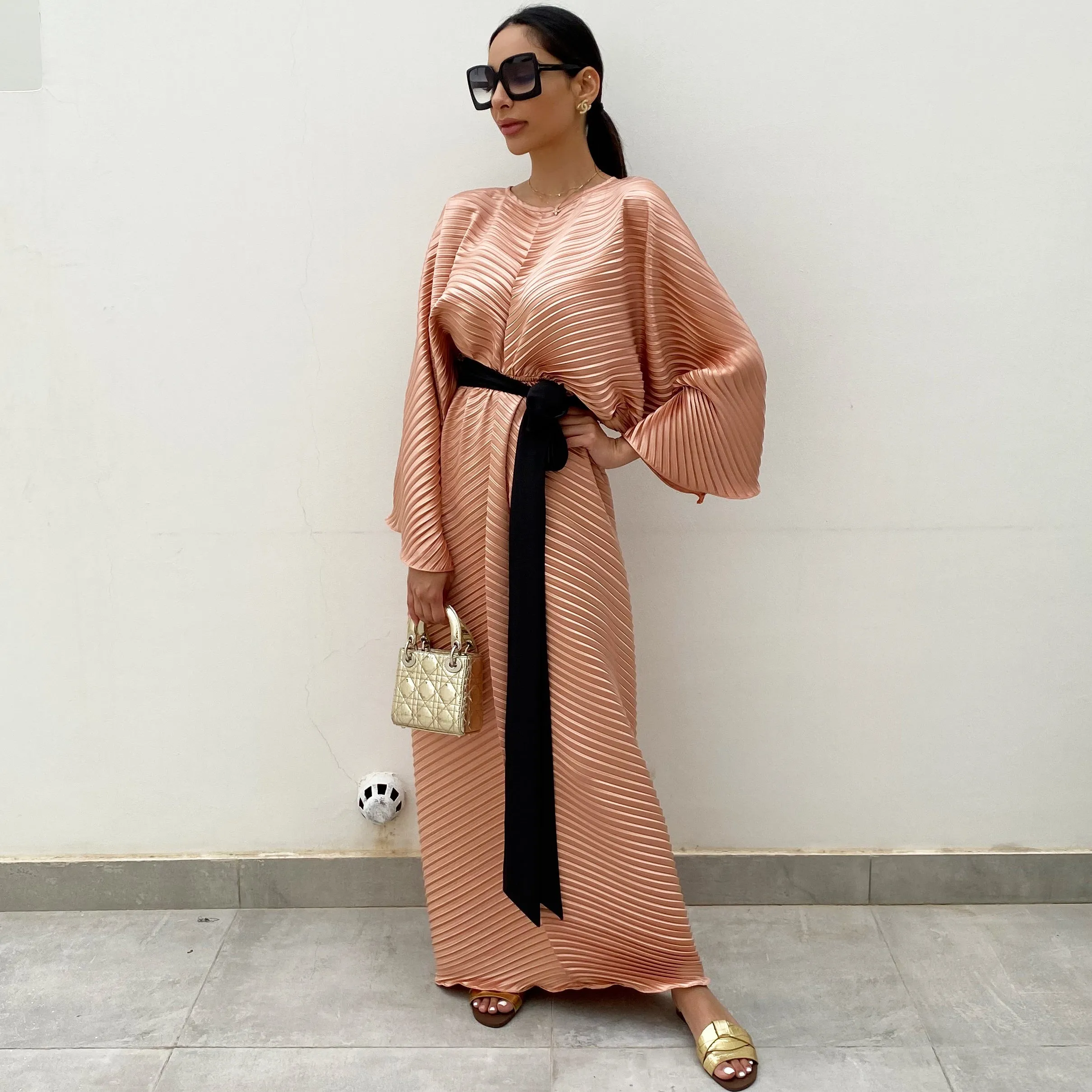 RAM20 CORAL PLEATED KAFTAN WITH CONTRAST BELT