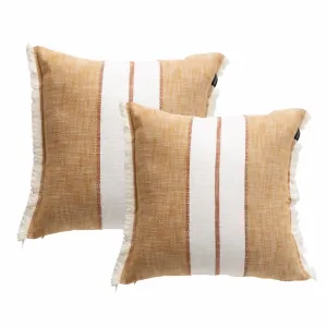 Renee Taylor Darcy Stripe Stone washed Yarn-dyed Cushion Twin Pack 50 x 50 Cms Feather Filled Tan