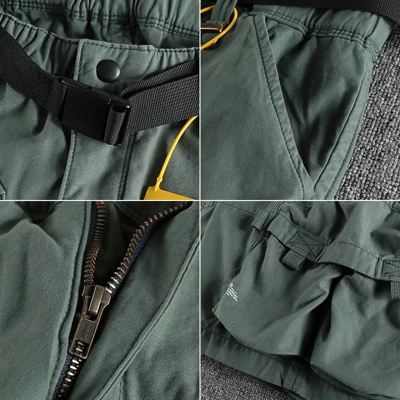 Retro Cityboy Outdoor Cargo Shorts: Pure Cotton Washed Casual Multi-pocket 5-point Trousers with Belt
