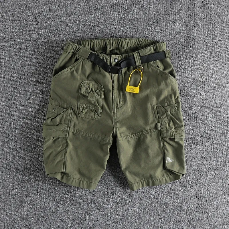Retro Cityboy Outdoor Cargo Shorts: Pure Cotton Washed Casual Multi-pocket 5-point Trousers with Belt