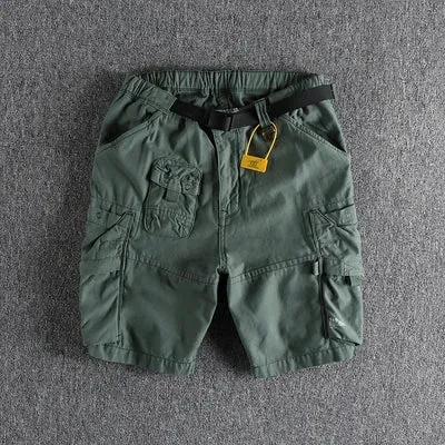 Retro Cityboy Outdoor Cargo Shorts: Pure Cotton Washed Casual Multi-pocket 5-point Trousers with Belt