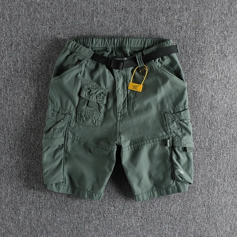 Retro Cityboy Outdoor Cargo Shorts: Pure Cotton Washed Casual Multi-pocket 5-point Trousers with Belt