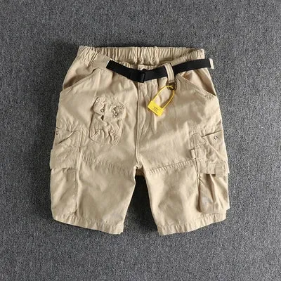 Retro Cityboy Outdoor Cargo Shorts: Pure Cotton Washed Casual Multi-pocket 5-point Trousers with Belt