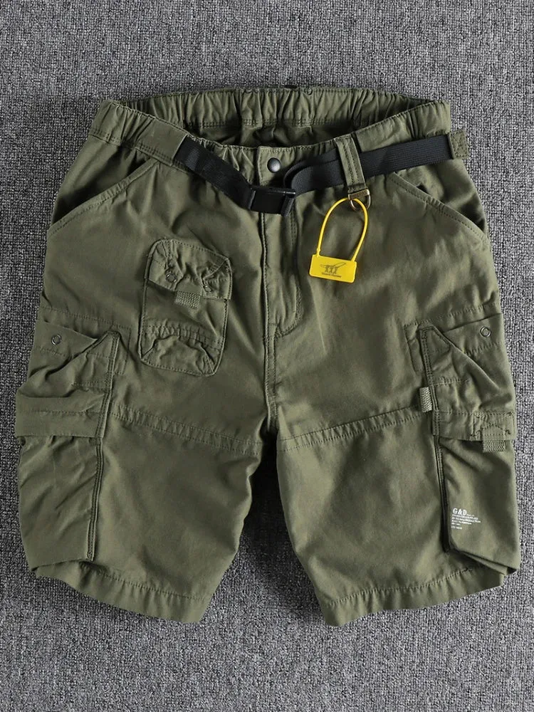 Retro Cityboy Outdoor Cargo Shorts: Pure Cotton Washed Casual Multi-pocket 5-point Trousers with Belt