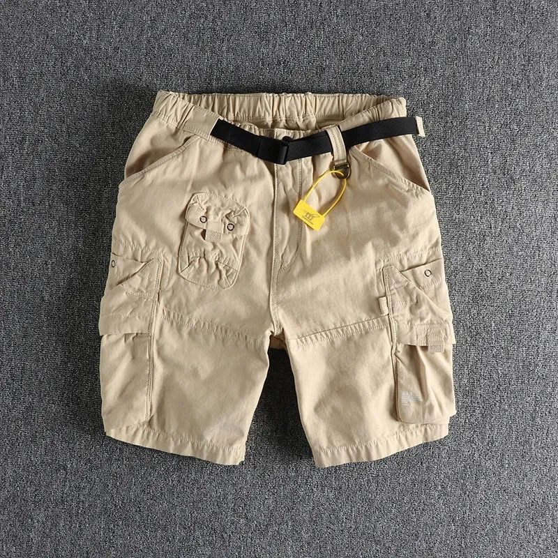 Retro Cityboy Outdoor Cargo Shorts: Pure Cotton Washed Casual Multi-pocket 5-point Trousers with Belt