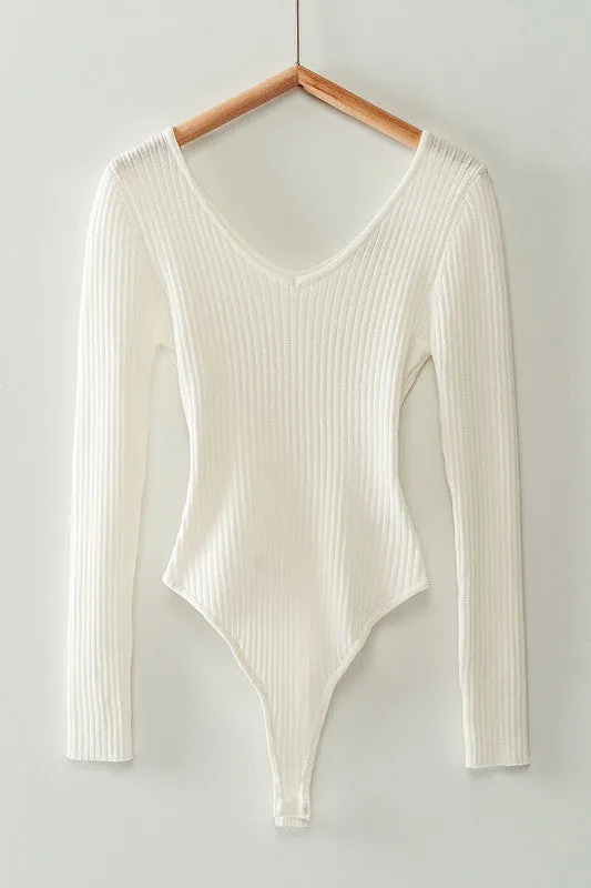 ribbed v neck bodysuit