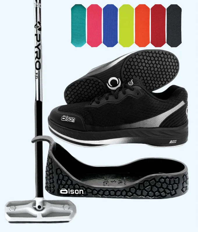 Rookie Bundle - Men's Right Hand - Black Fiberglass Broom -  Black Voltaje Shoes - Choice of Pad Colour