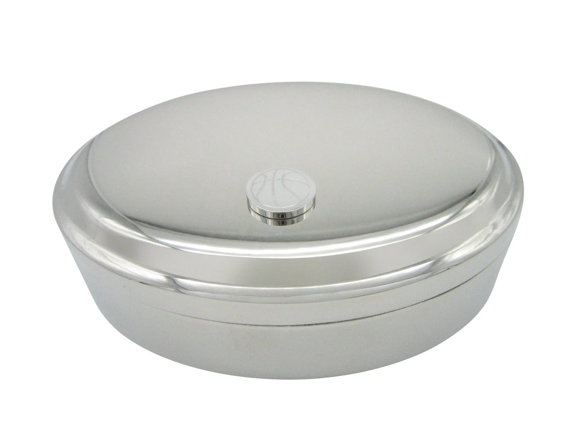 Silver Toned Etched Round Basketball Pendant Oval Trinket Jewelry Box