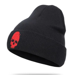 SKULL GRAPHIC EMBROIDERED KNITTED BEANIE HAT