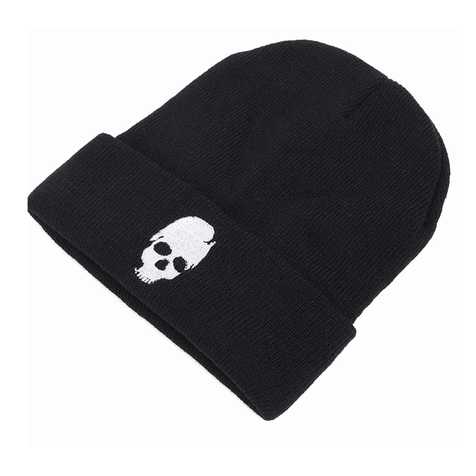 SKULL GRAPHIC EMBROIDERED KNITTED BEANIE HAT