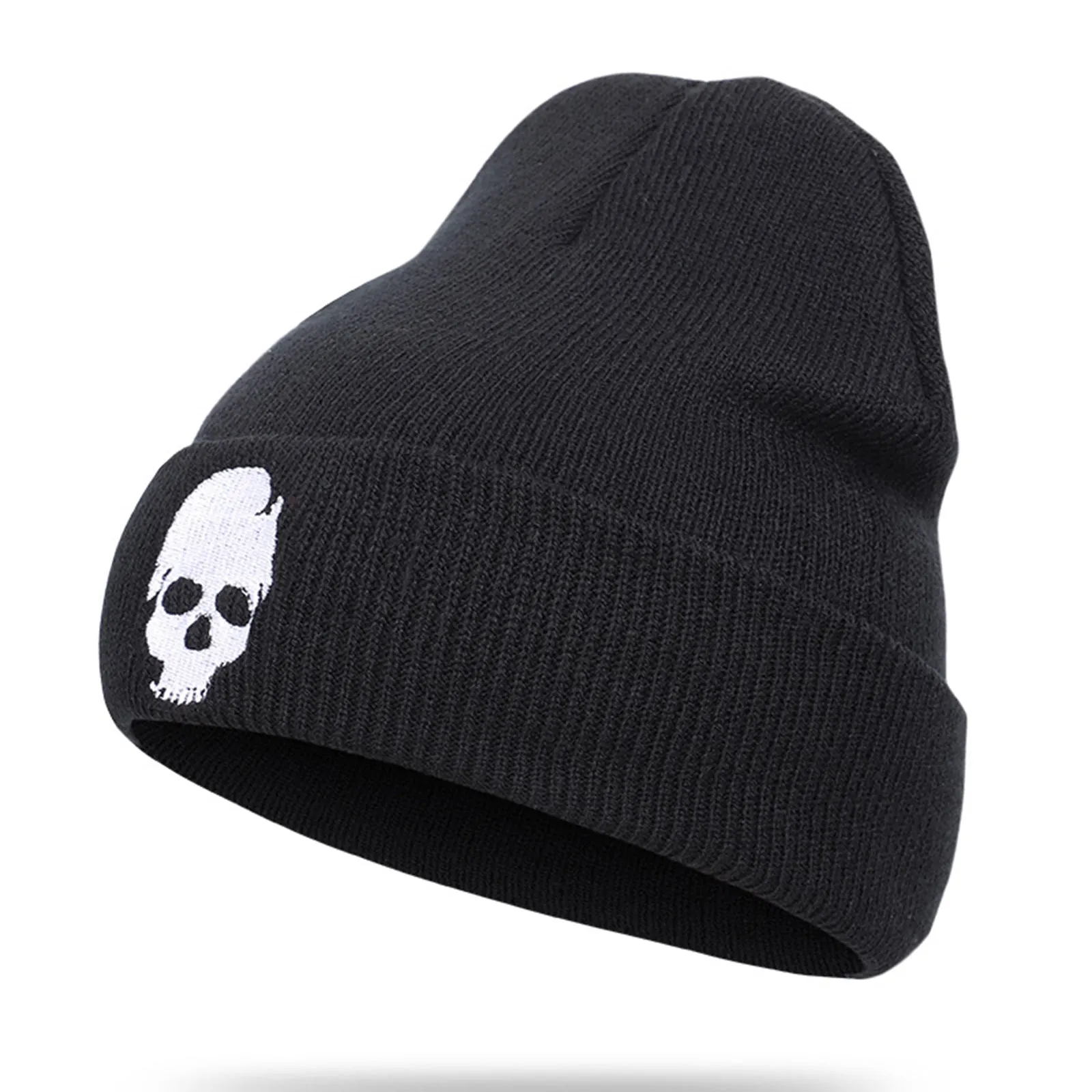 SKULL GRAPHIC EMBROIDERED KNITTED BEANIE HAT