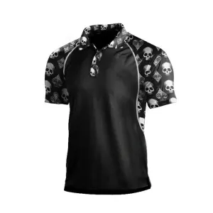 SKULL PRINTED PATCHWORK RAGLAN POLO SHIRT