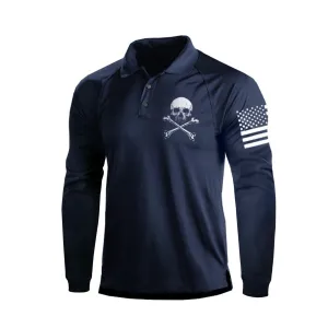 SKULL  RAGLAN GRAPHIC LONG SLEEVE POLO SHIRT