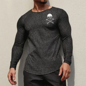 SKULL STRETCH STRIPED GRAPHIC LONG SLEEVE T-SHIRT