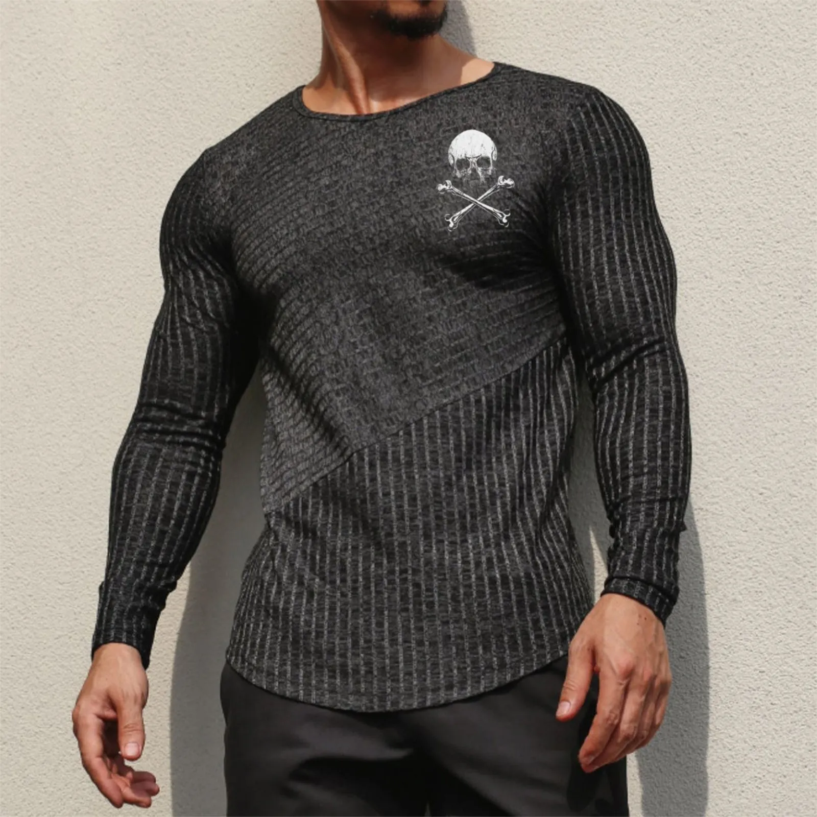 SKULL STRETCH STRIPED GRAPHIC LONG SLEEVE T-SHIRT