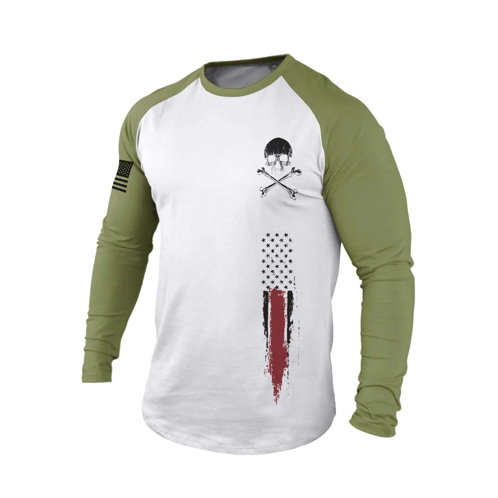 SKULL USA FLAG 100% COTTON RAGLAN GRAPHIC LONG SLEEVE T-SHIRT