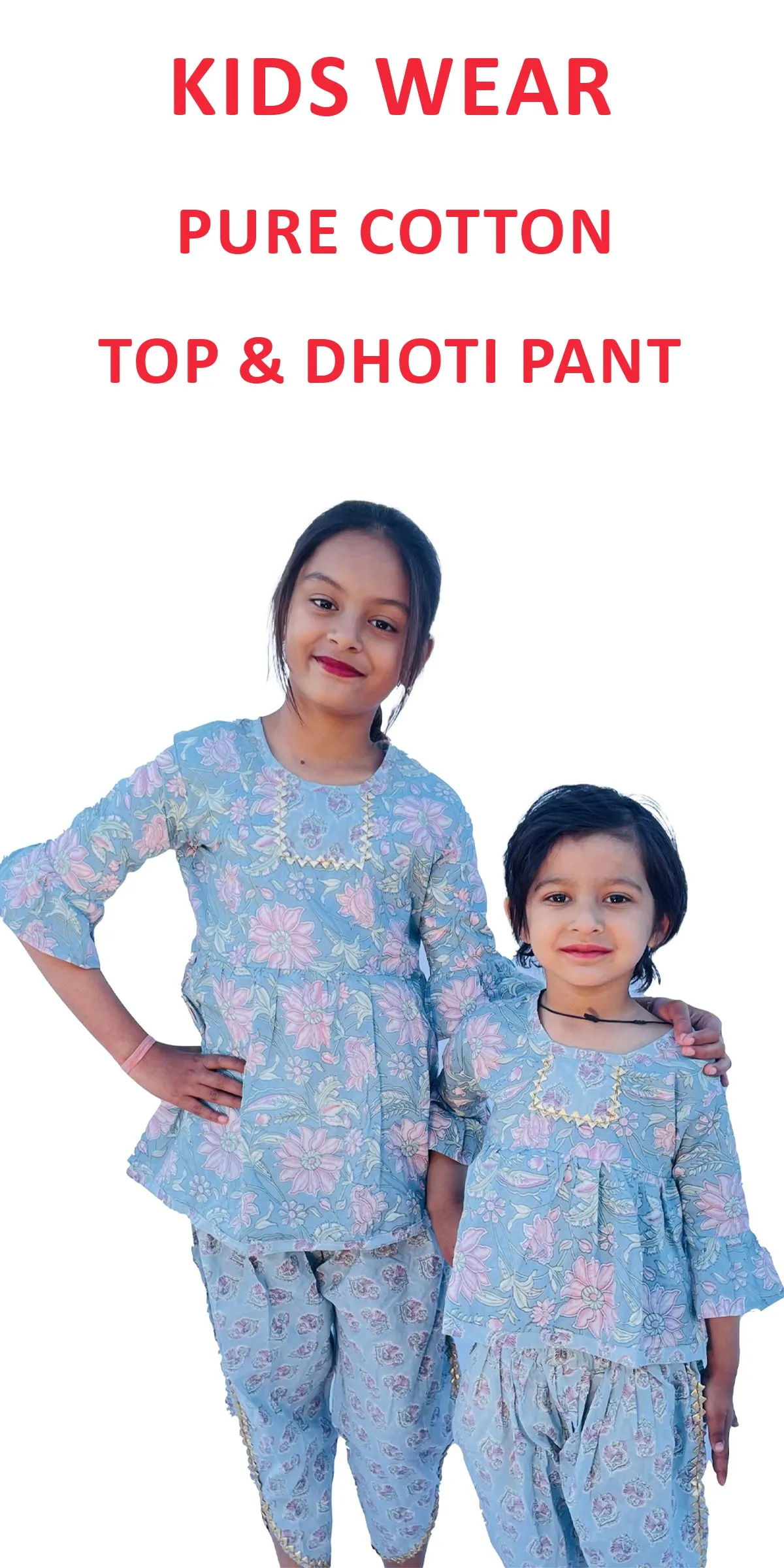 Sky blue Pure Cotton Girls Top and Dhoti Pant Block Print Rajasthani Floral Printed Soft Cotton Kidswear