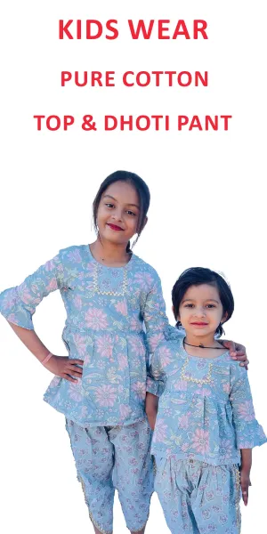 Sky blue Pure Cotton Girls Top and Dhoti Pant Block Print Rajasthani Floral Printed Soft Cotton Kidswear