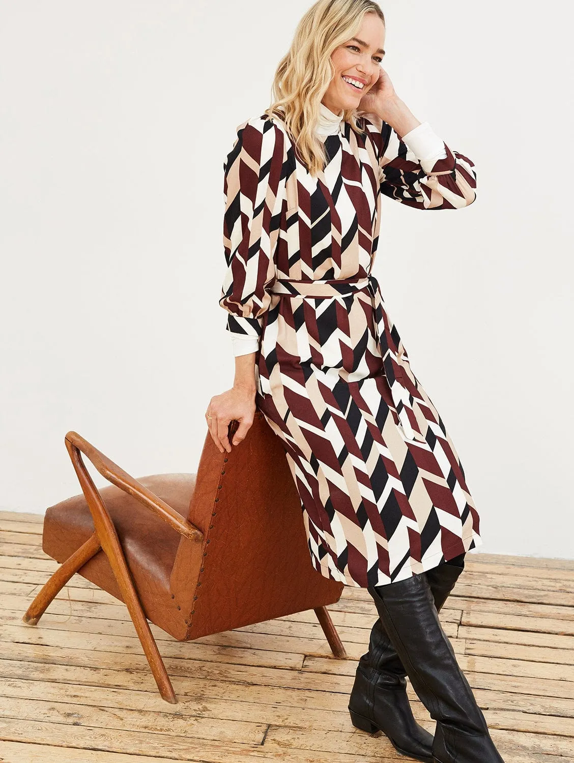 Skye Herringbone Print Viscose Midi Dress | Redwood