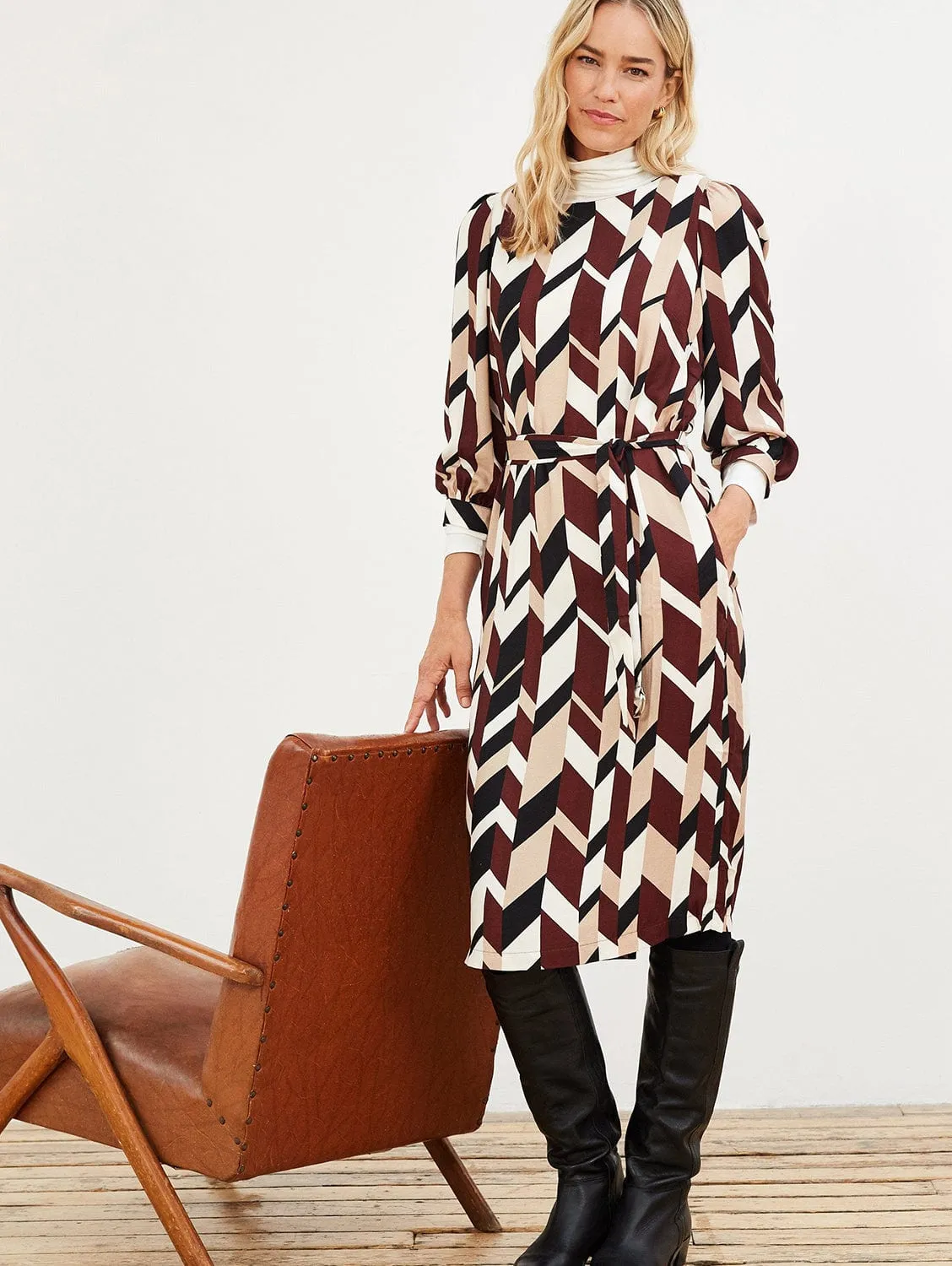 Skye Herringbone Print Viscose Midi Dress | Redwood