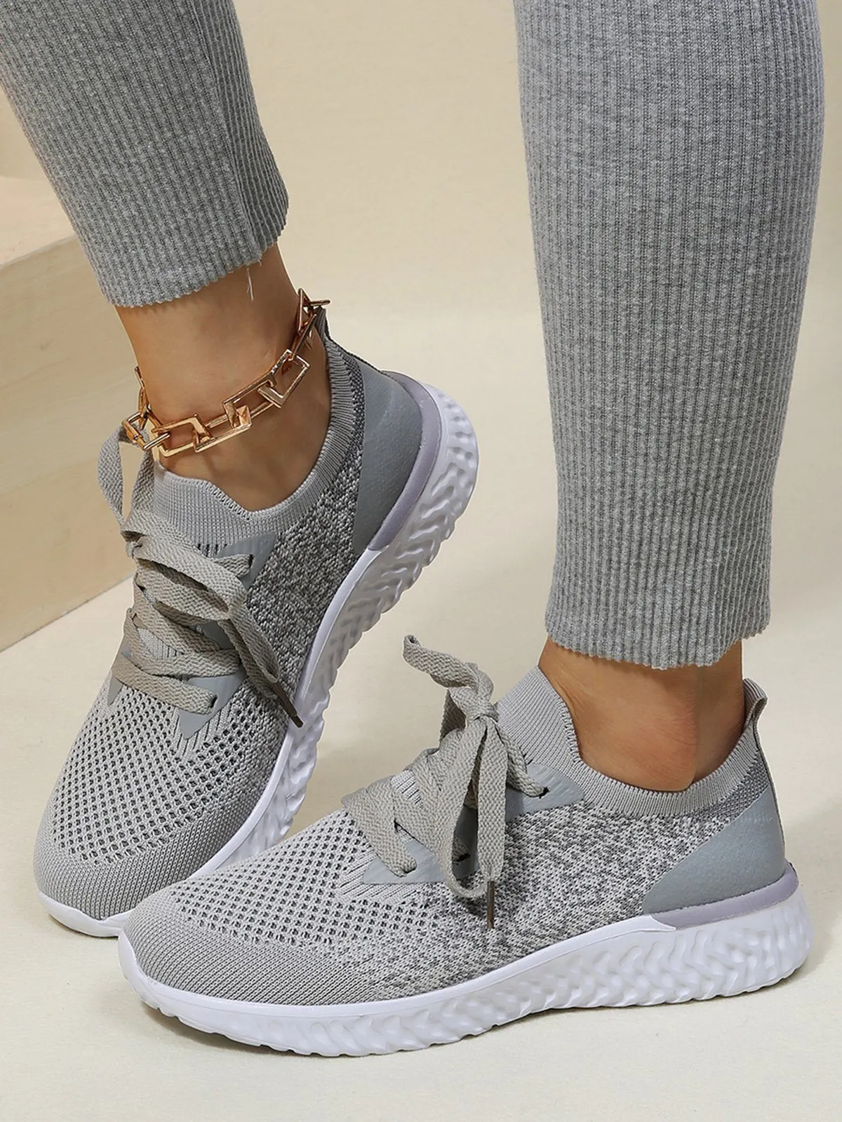 Solid Color Breathable Simple Casual Flyknit Sports Running Shoes