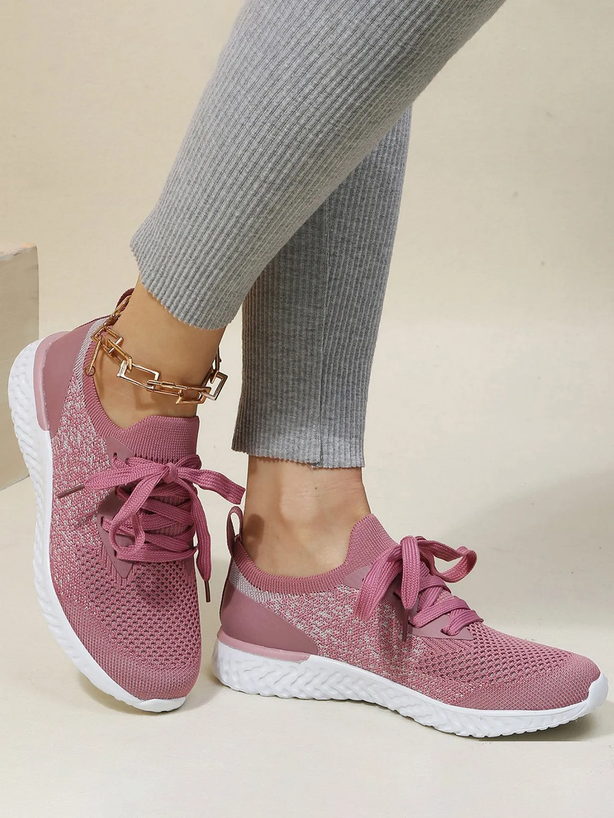 Solid Color Breathable Simple Casual Flyknit Sports Running Shoes