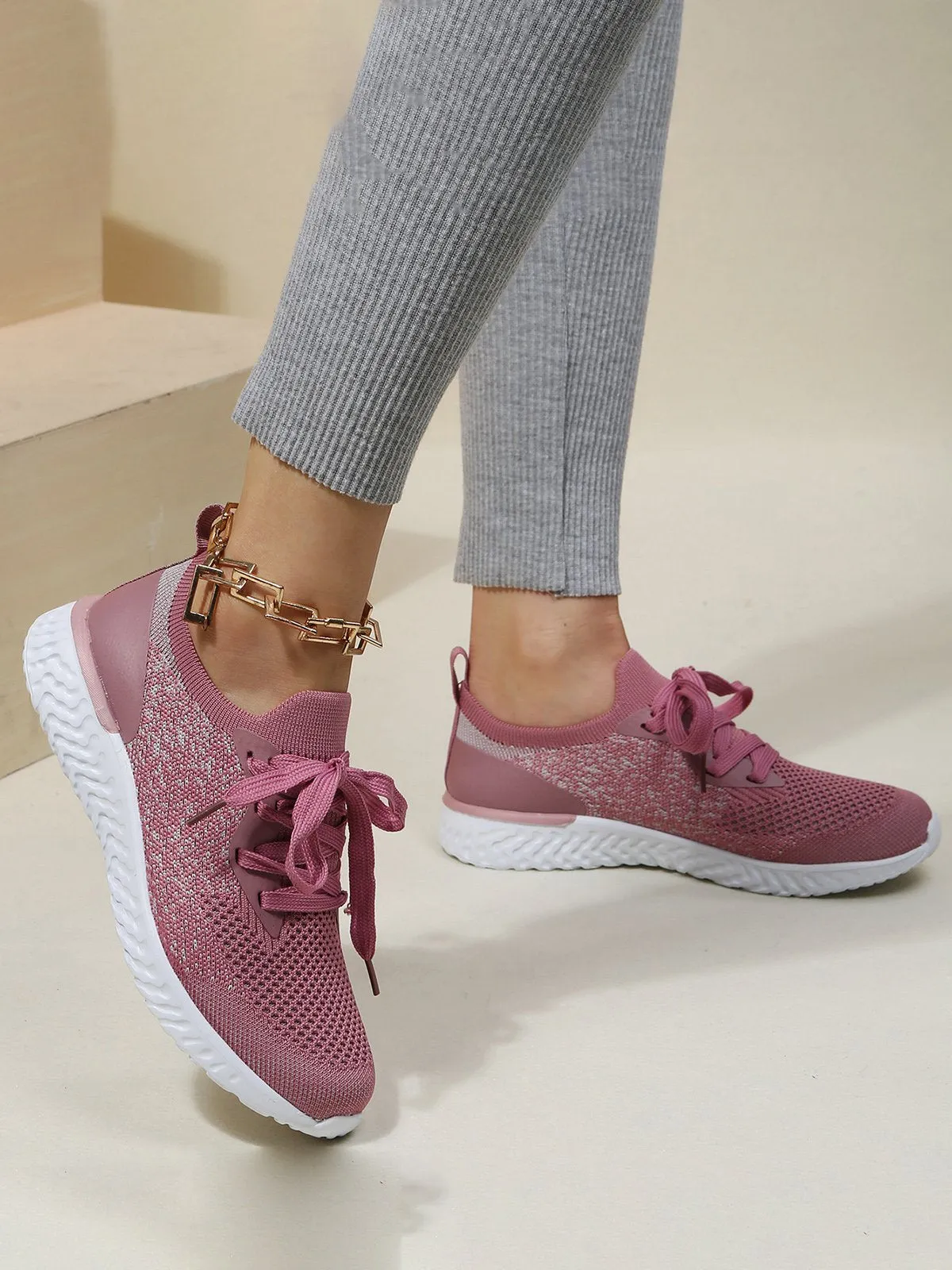 Solid Color Breathable Simple Casual Flyknit Sports Running Shoes