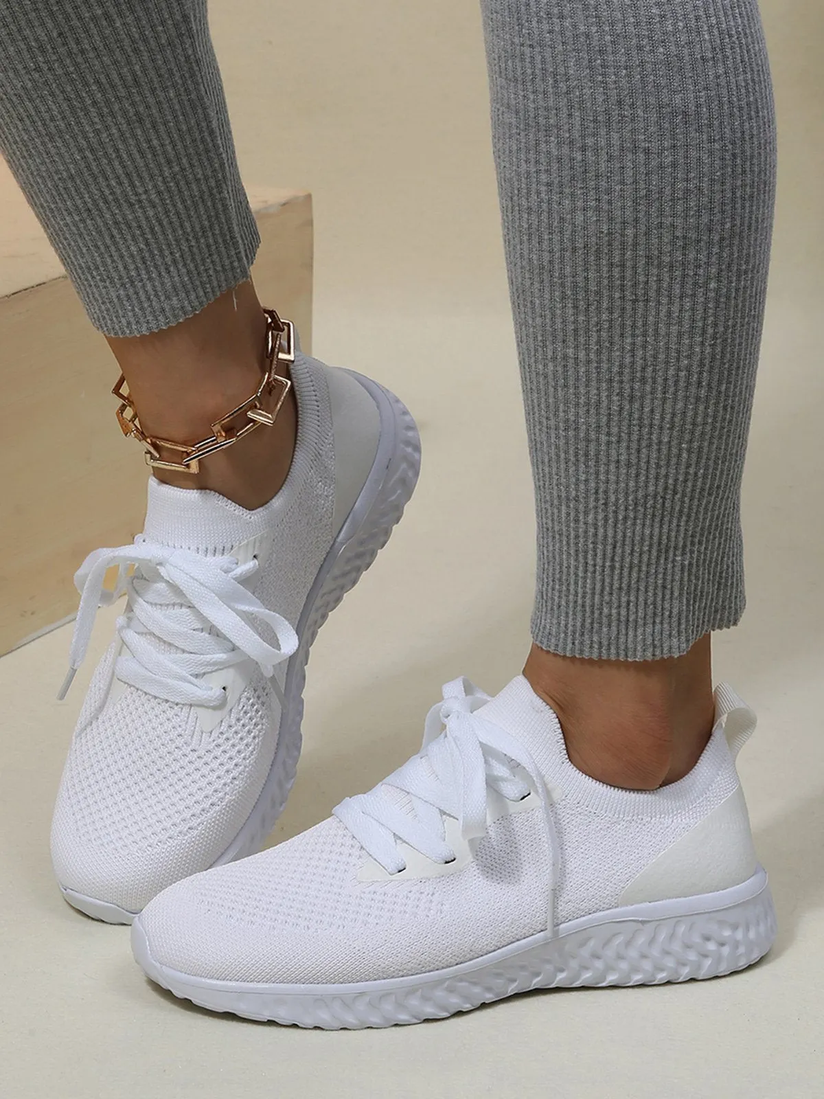Solid Color Breathable Simple Casual Flyknit Sports Running Shoes