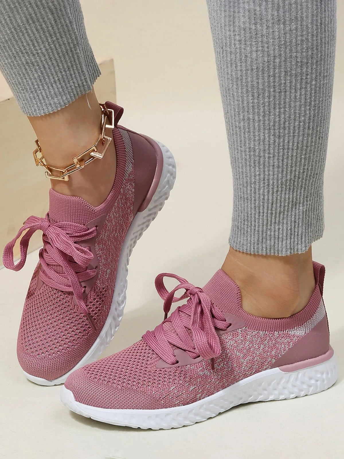 Solid Color Breathable Simple Casual Flyknit Sports Running Shoes