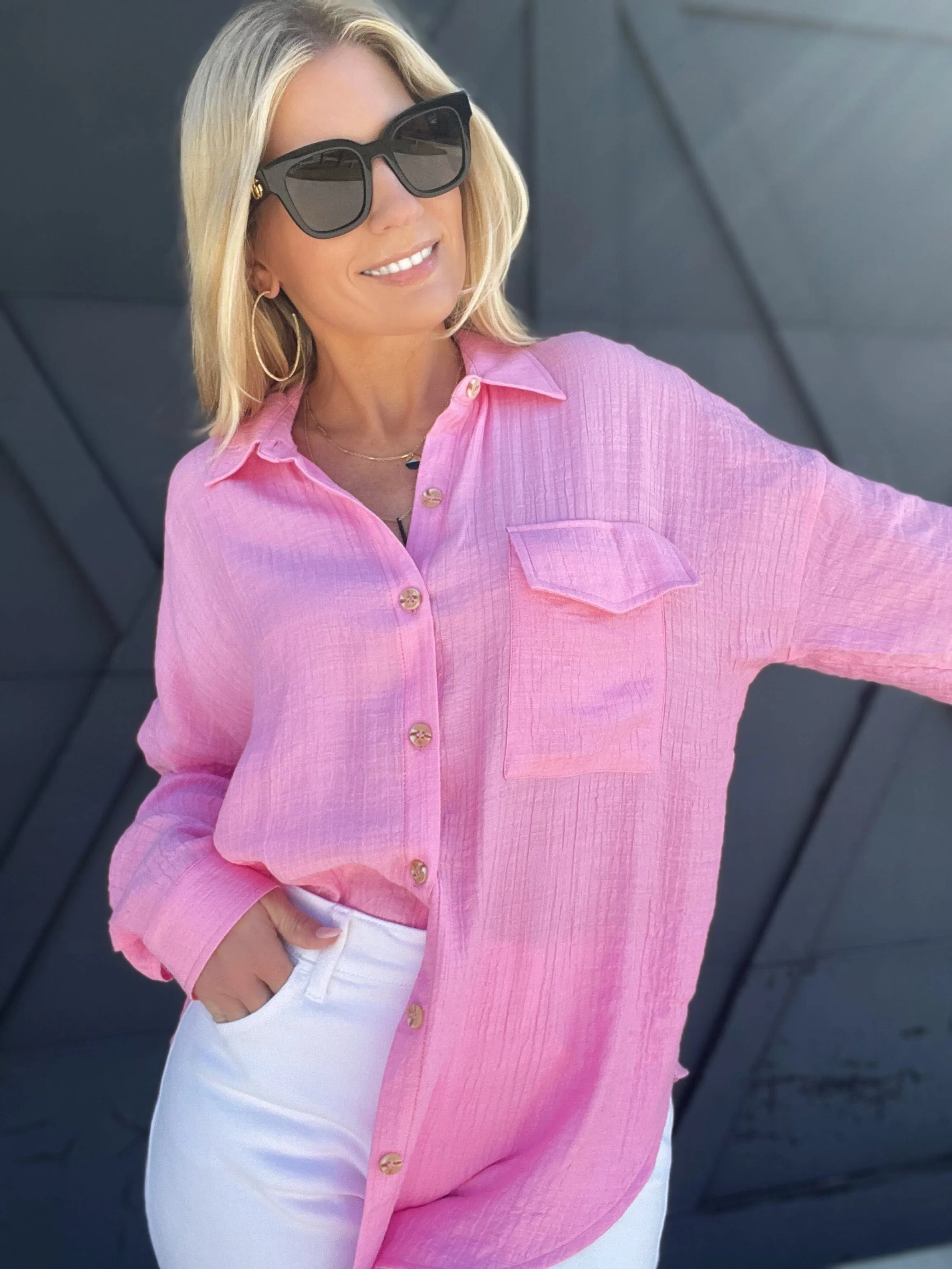Solid Lightweight Button Down In Pink