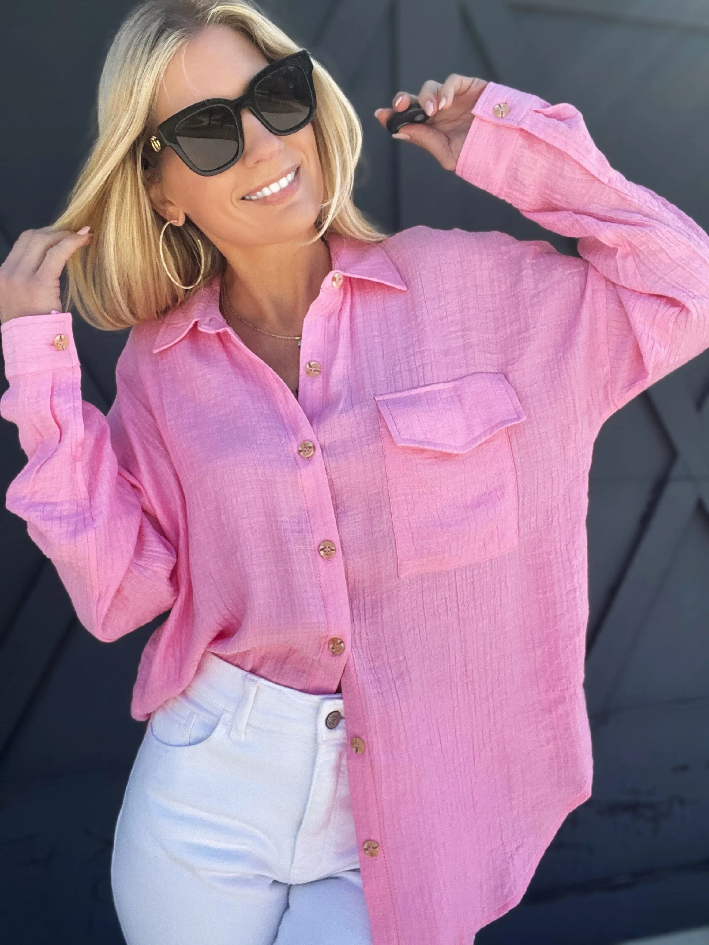 Solid Lightweight Button Down In Pink