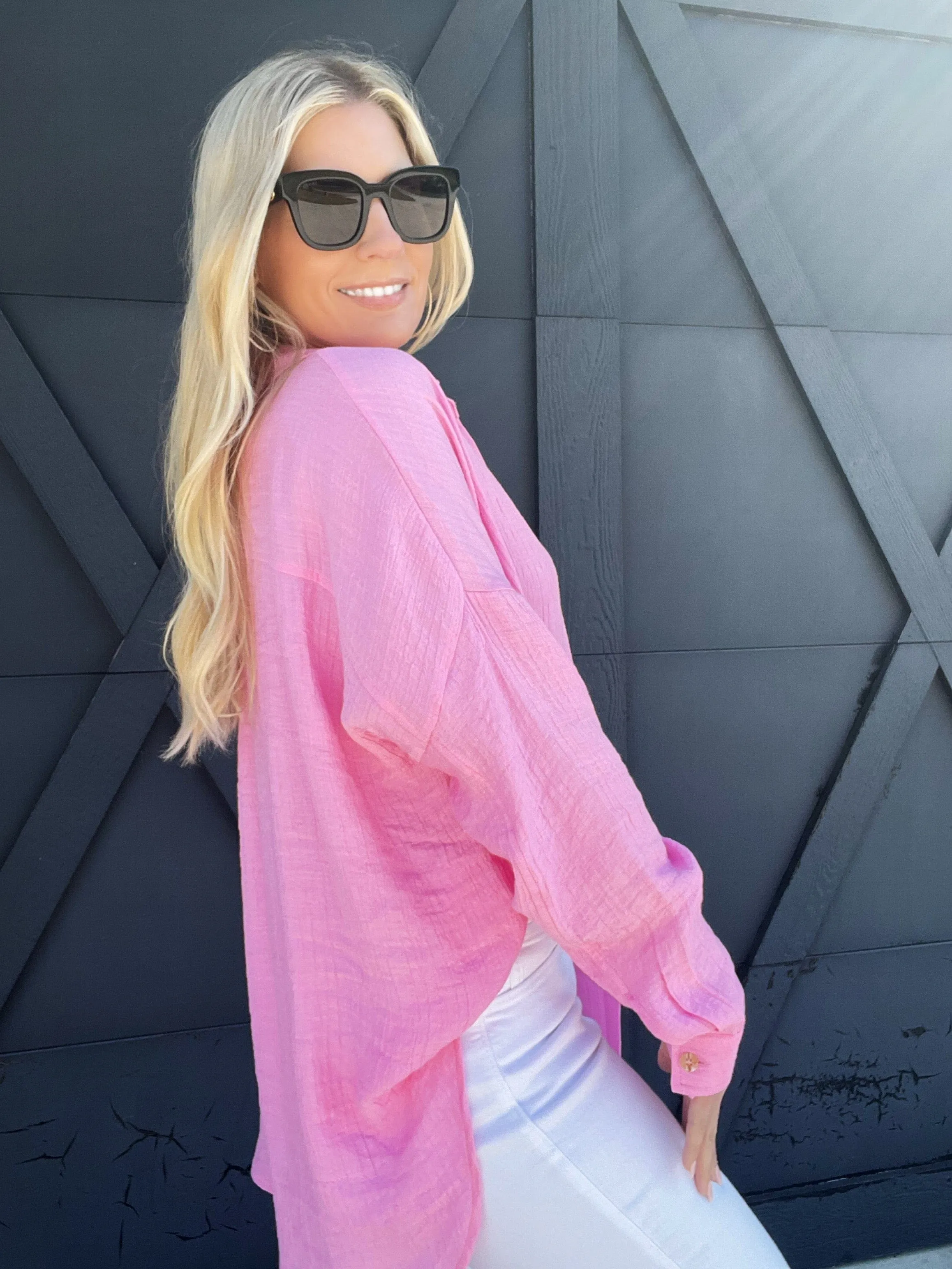 Solid Lightweight Button Down In Pink