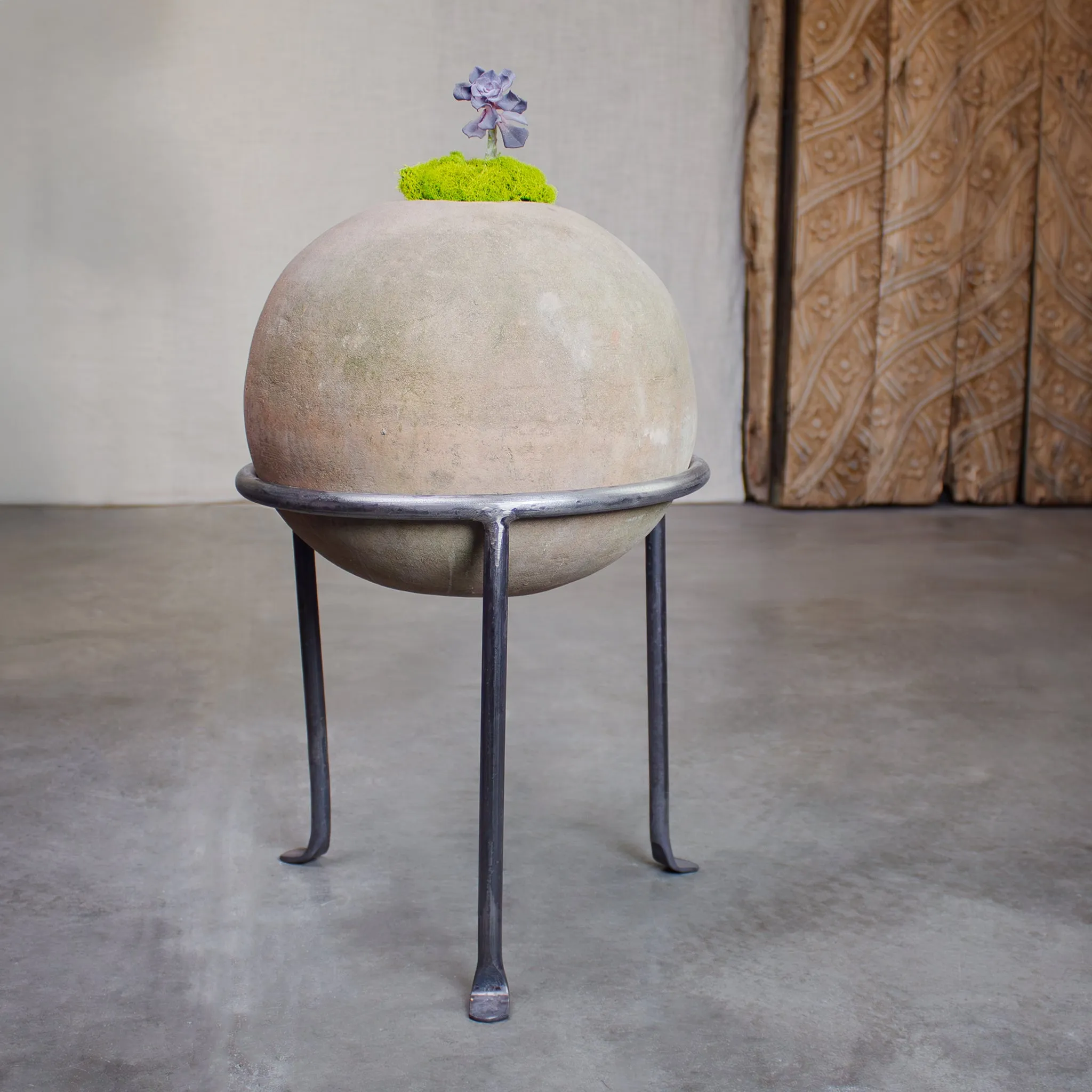 Sphere Planter with Footed Stand. Vintage Terracotta pot.