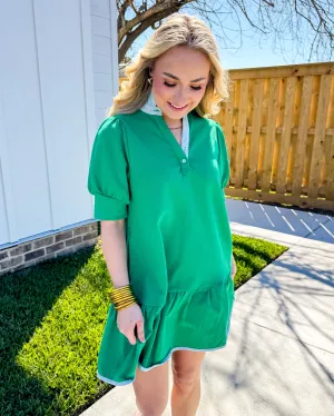 Striped High Neck and Solid Dress in Kelly Green