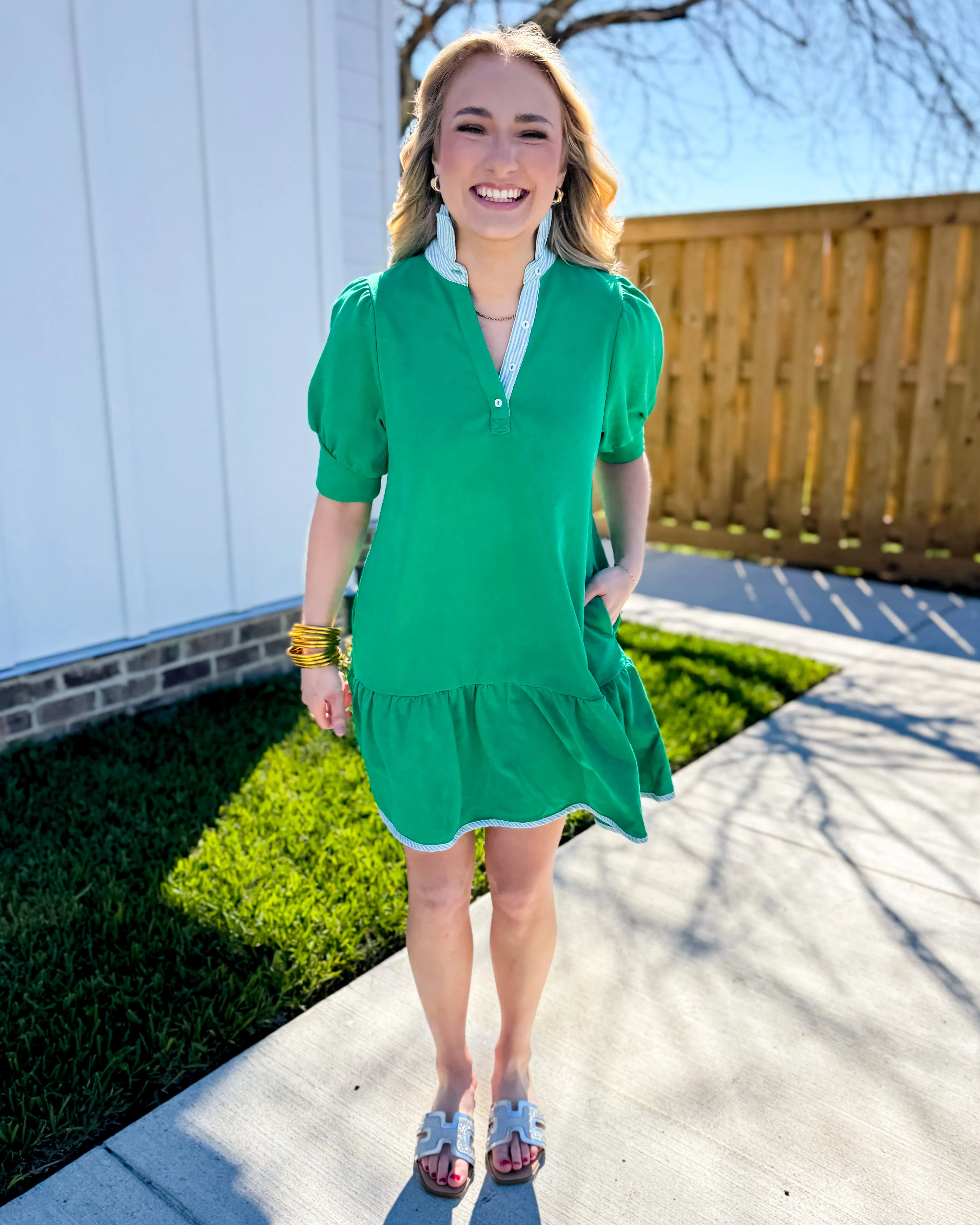 Striped High Neck and Solid Dress in Kelly Green
