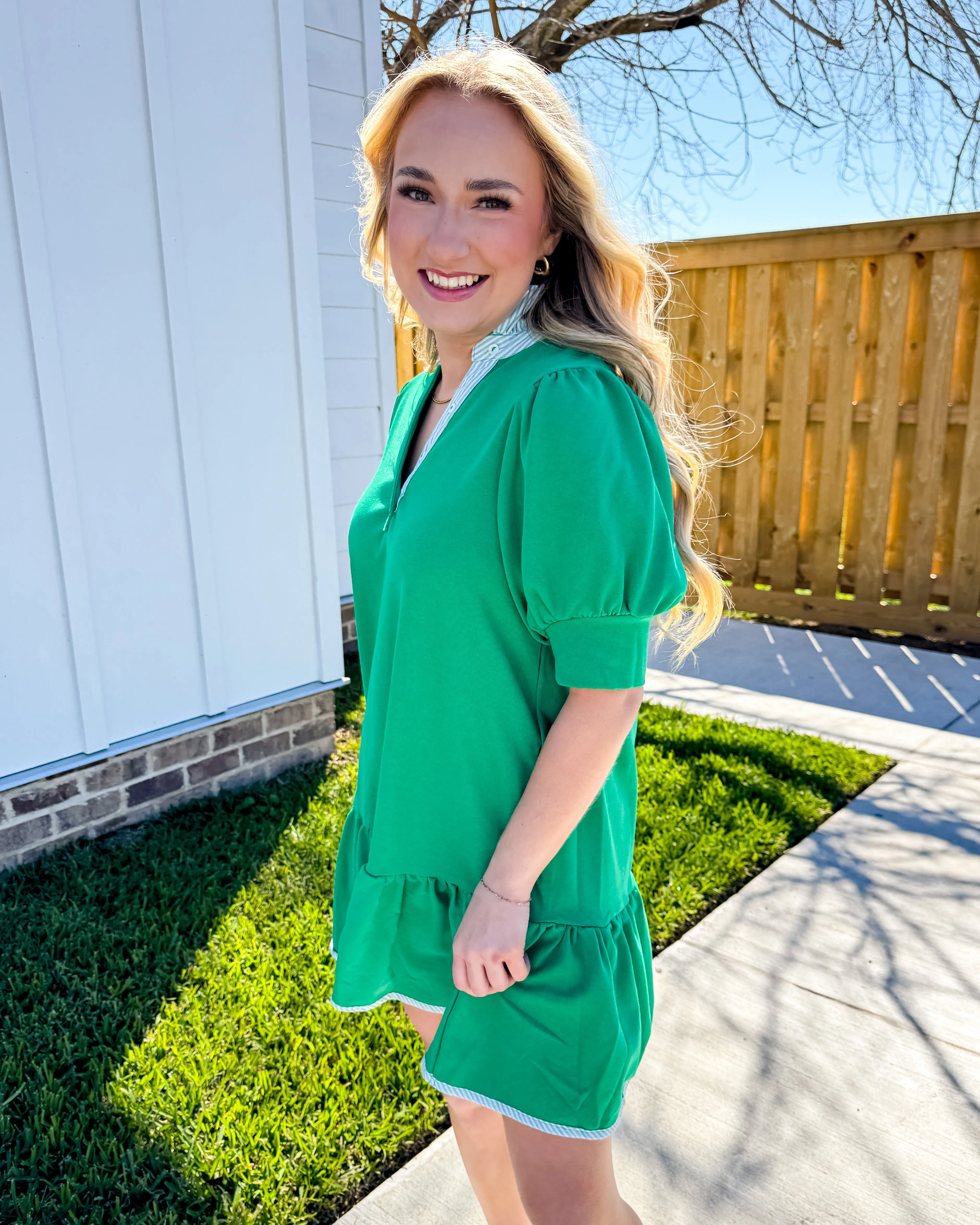 Striped High Neck and Solid Dress in Kelly Green