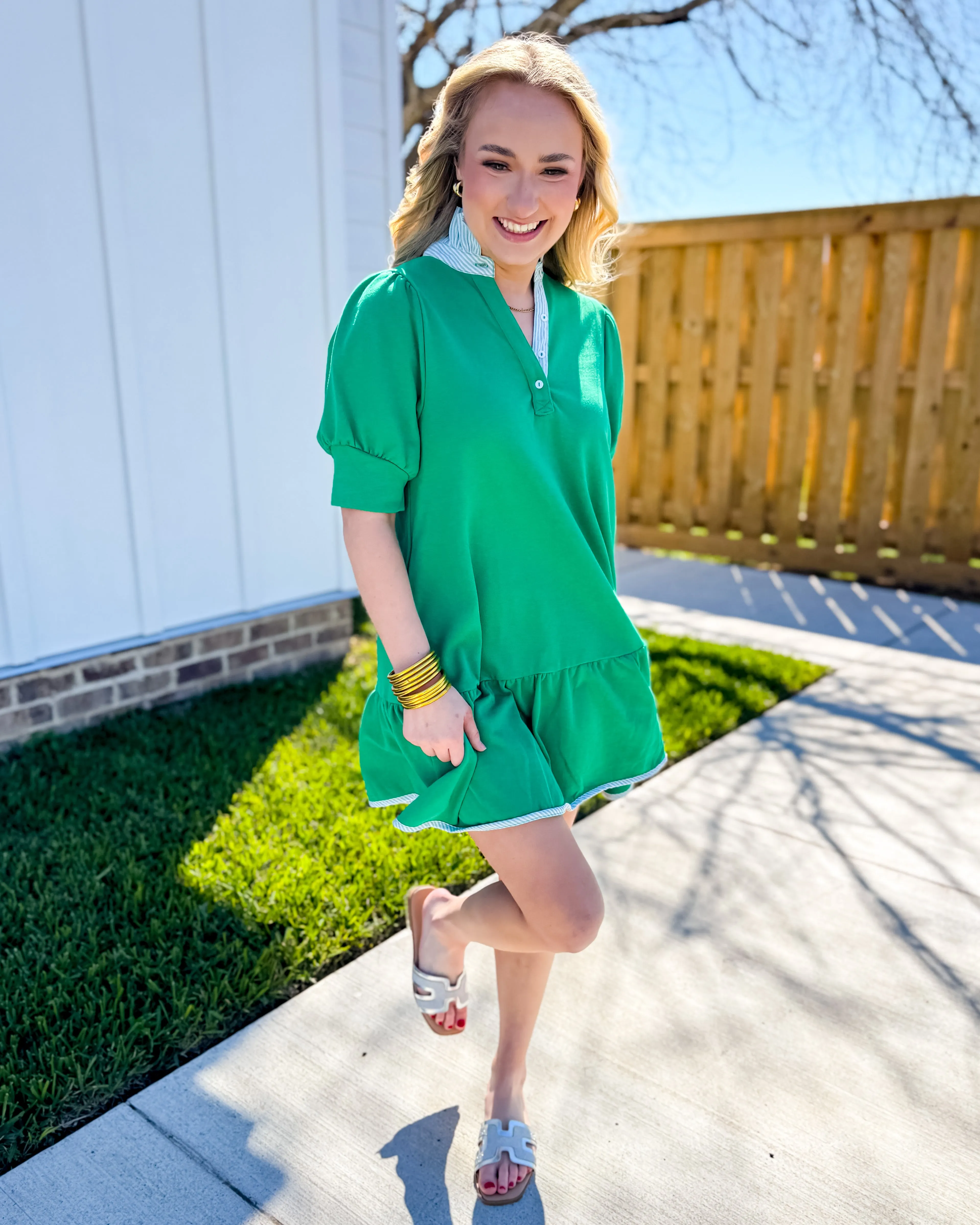 Striped High Neck and Solid Dress in Kelly Green