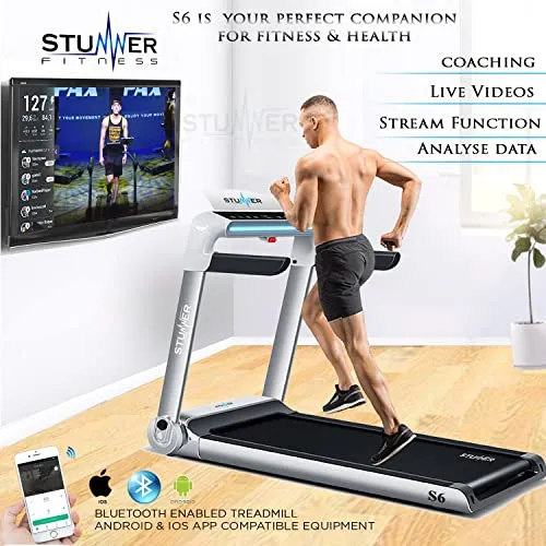 Stunner Fitness S6 (2.0 HP) Smart Motorised Treadmill with LED Touch Interactive Display | Bluetooth Speaker | MP3 | Smartphone App | 100% Installed for Cardio Workout at Home