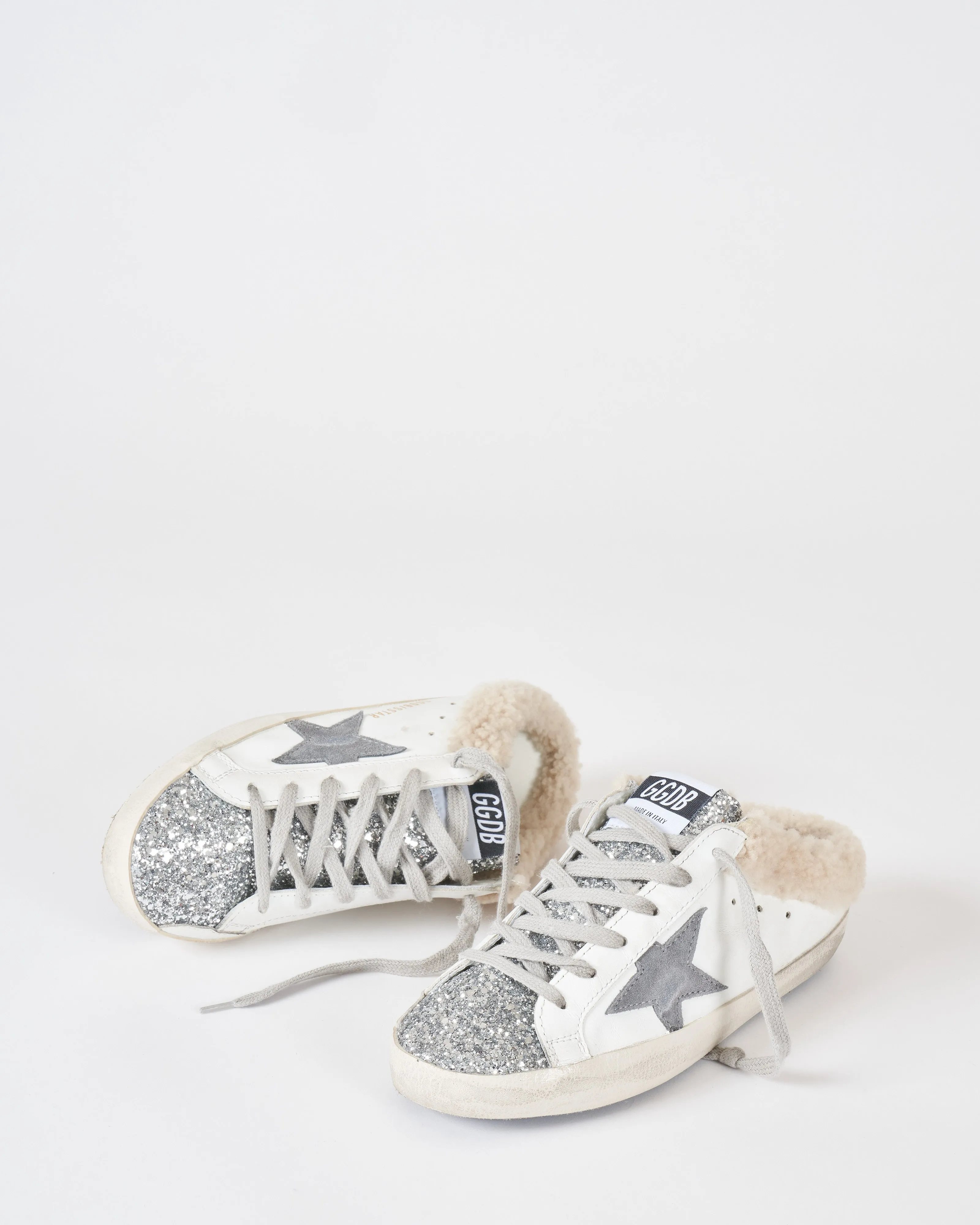 super-star sabot leather upper glitter toe suede star shearling lining