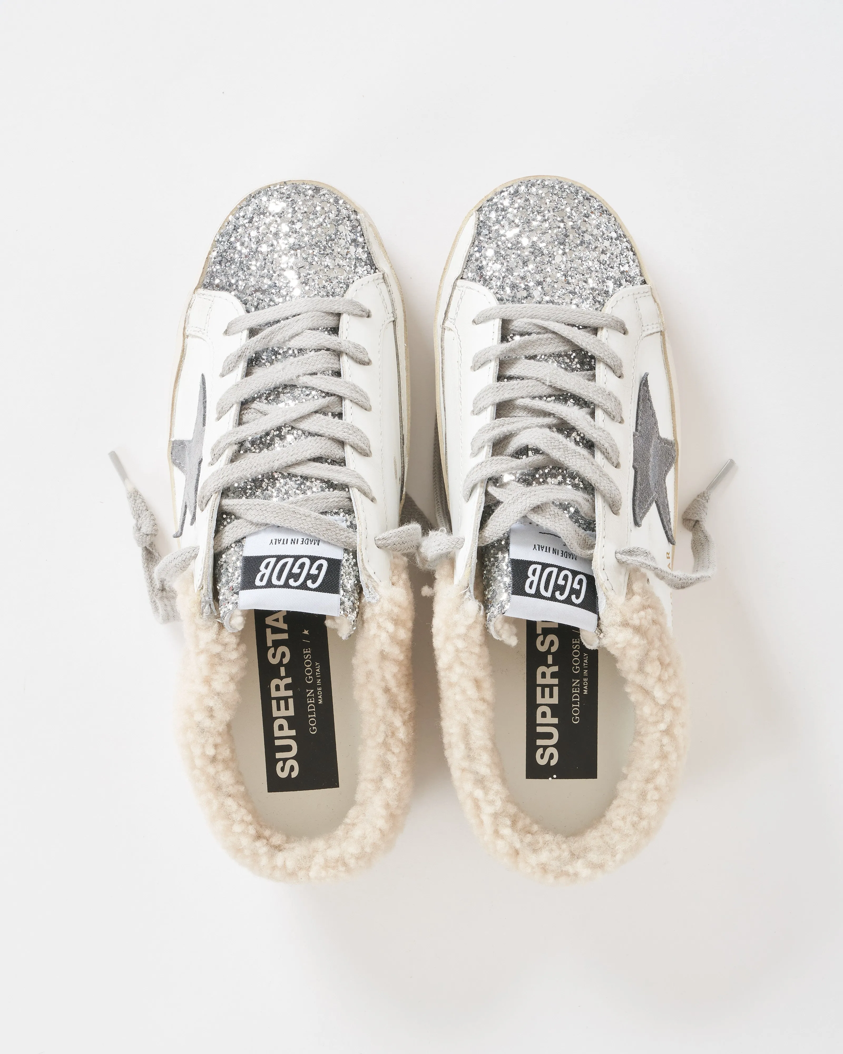 super-star sabot leather upper glitter toe suede star shearling lining