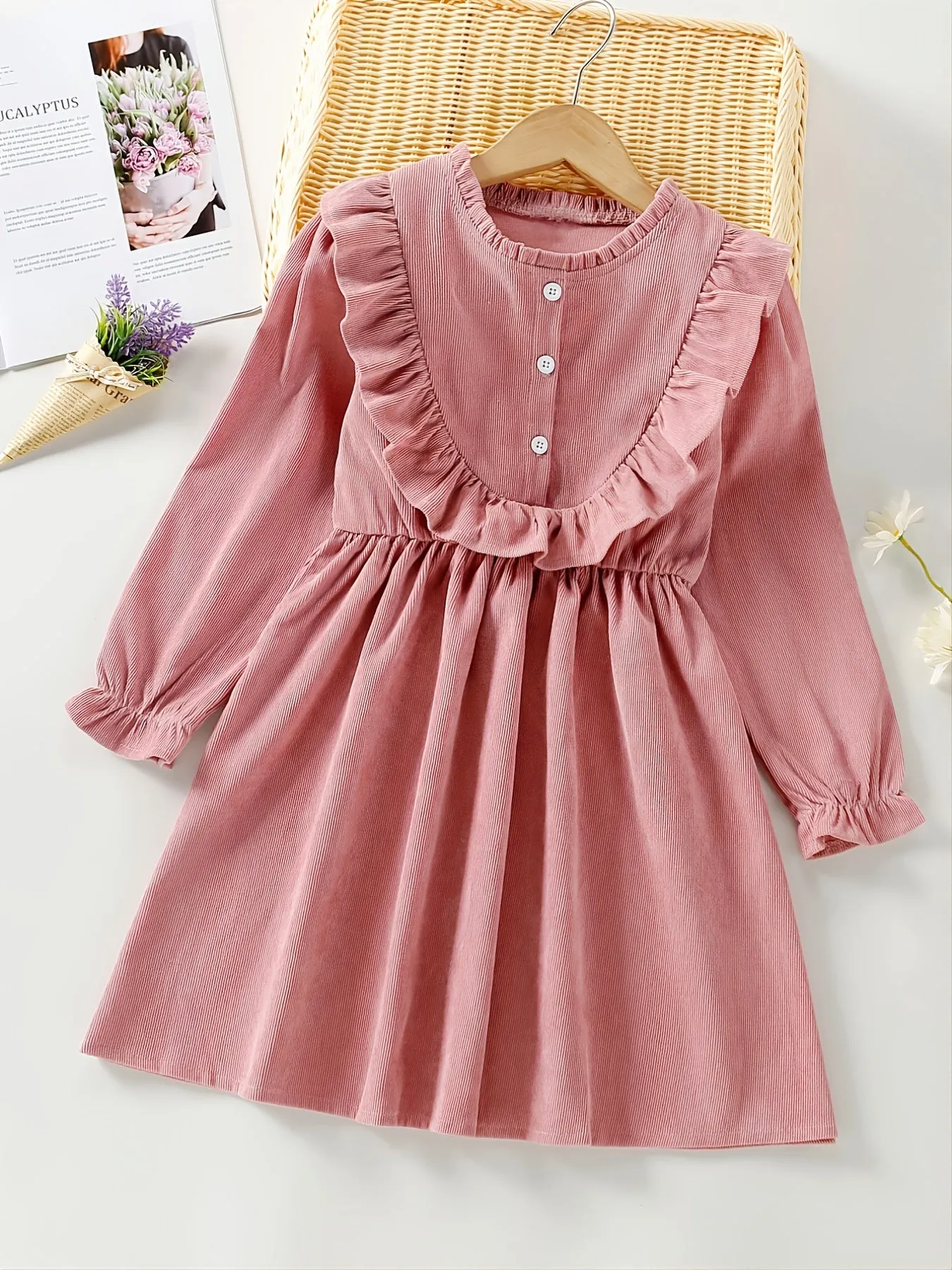 Sweet Ruffled Pink Long-Sleeved Dress for Girls