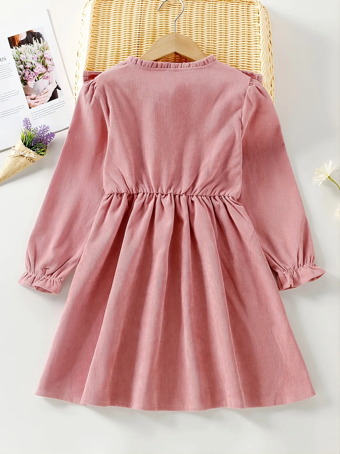 Sweet Ruffled Pink Long-Sleeved Dress for Girls